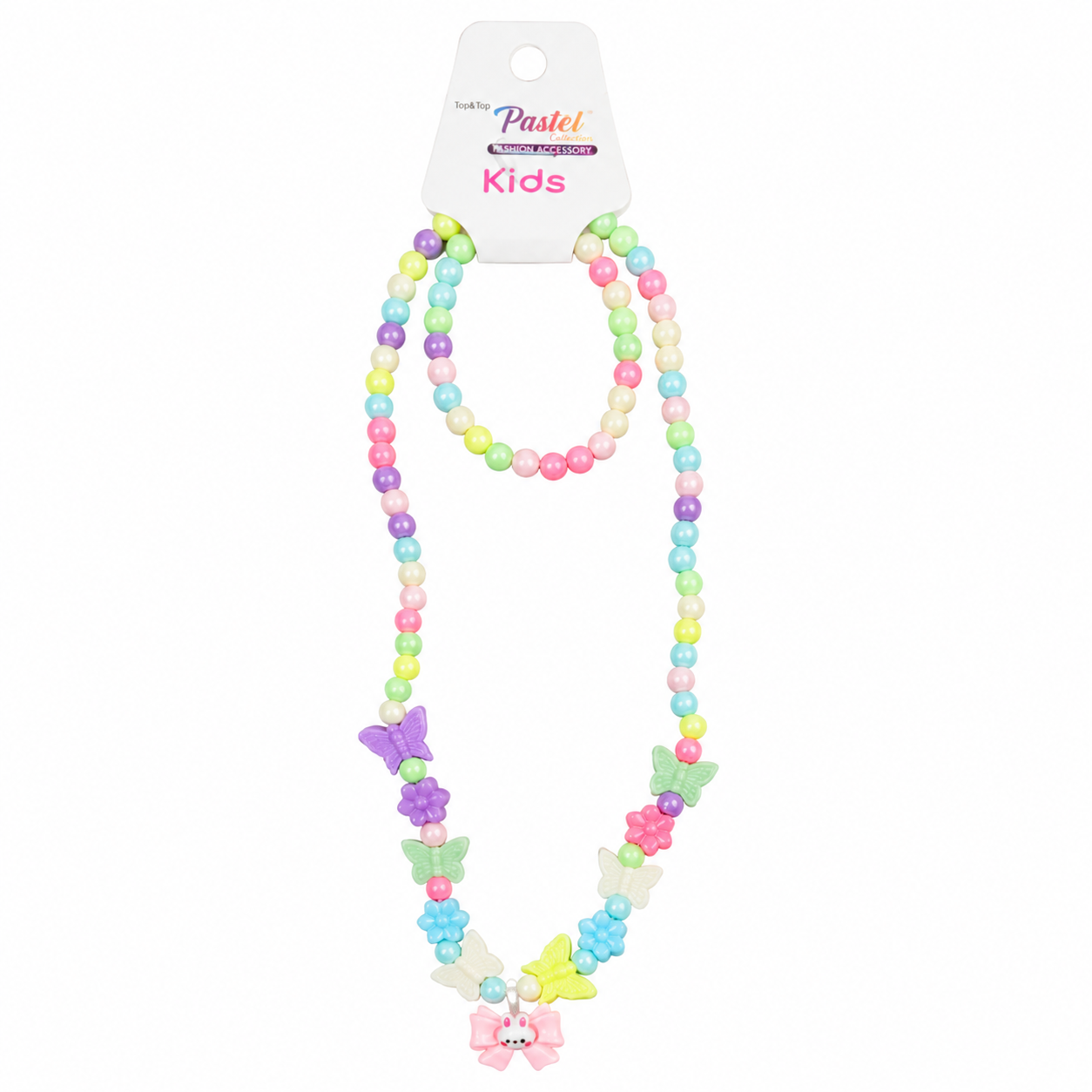 Set de Collar y Pulsera Infantil de Cuentas Pastel con Dijes de Mariposa