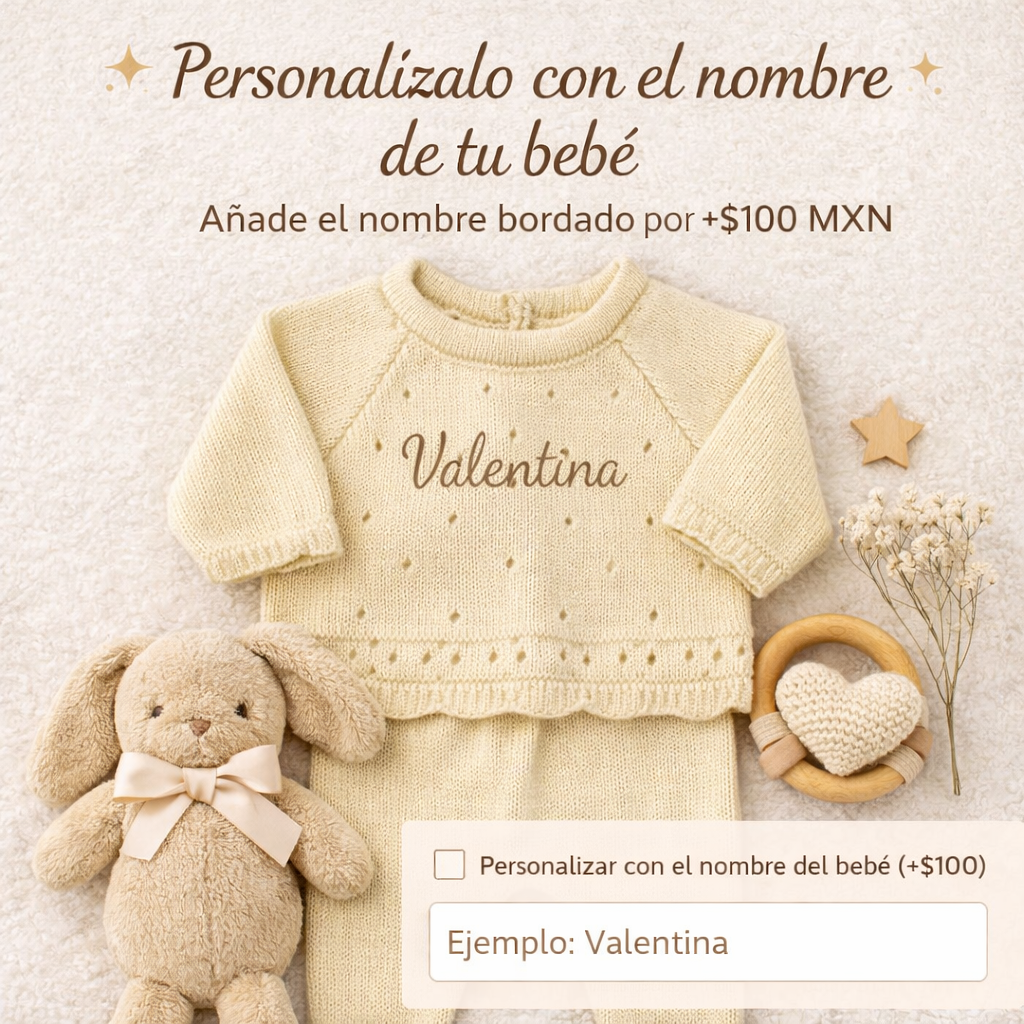 Personaliza tu prenda Tejido con el nombre del bebé