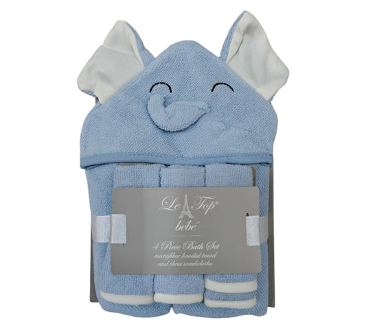 Toalla y Toallitas 4P DT2000007 con Capucha Elefante Azul Le Top Bebe