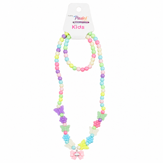 Set de Collar y Pulsera Infantil de Cuentas Pastel con Dijes de Mariposa