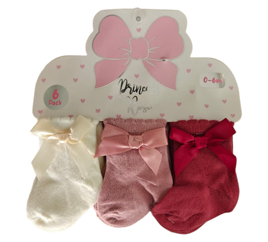 Calcetines 6P 0-6M D05881 Princess Rose Moño Tinto Rosa Blanco