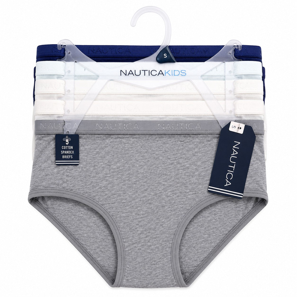 Pack de 3 calzones de algodón Nautica para niña en colores gris, blanco y azul marino con cintura elástica