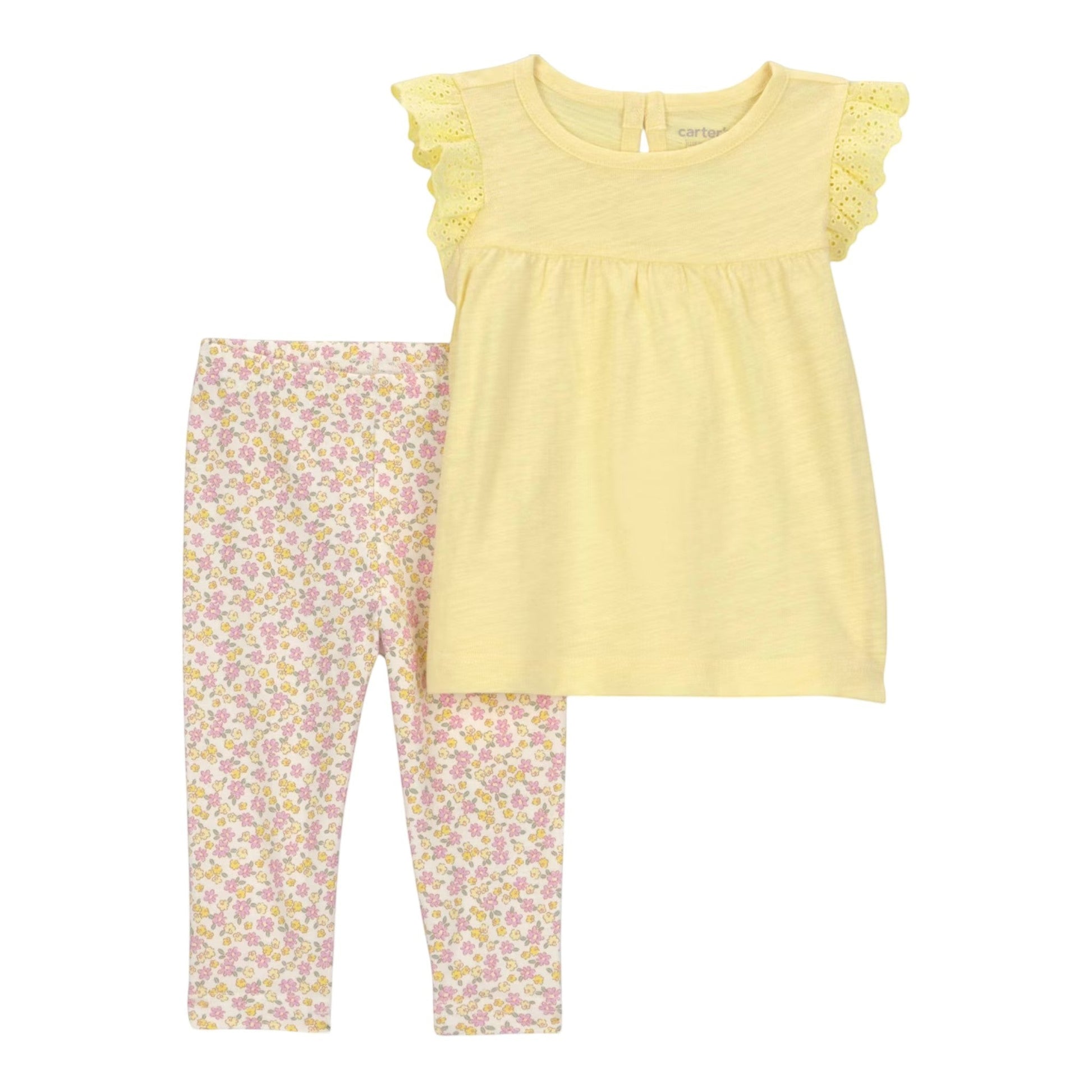 Conjunto de dos piezas para niña sweetregina.com con camiseta amarilla de manga corta y leggings estampados de flores
