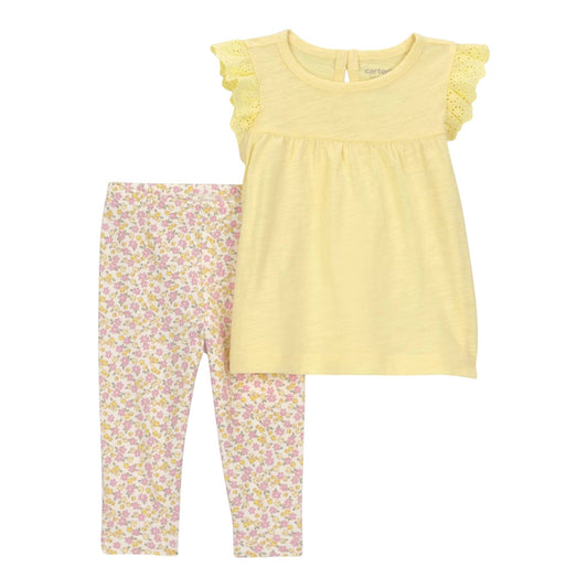Conjunto de dos piezas para niña sweetregina.com con camiseta amarilla de manga corta y leggings estampados de flores