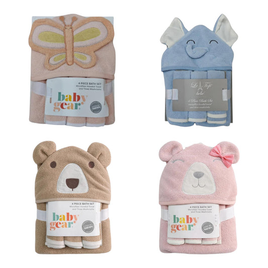 Toalla con Capucha y Toallitas 4P Varios Modelos