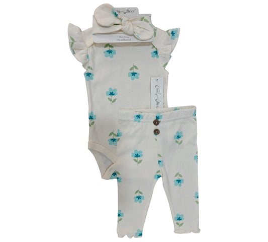 Set 3P 3/6M E146J203 EmilyandOliver Beige/Florecitas Azules